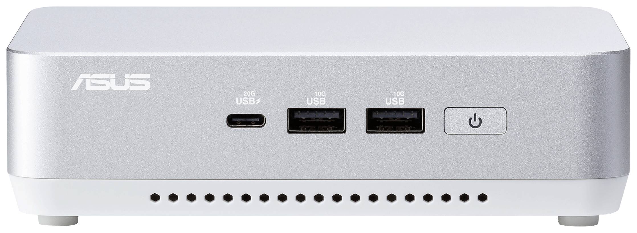 Stříbrný ASUS mini počítač se třemi USB porty a síťovým vypínačem na přední straně.