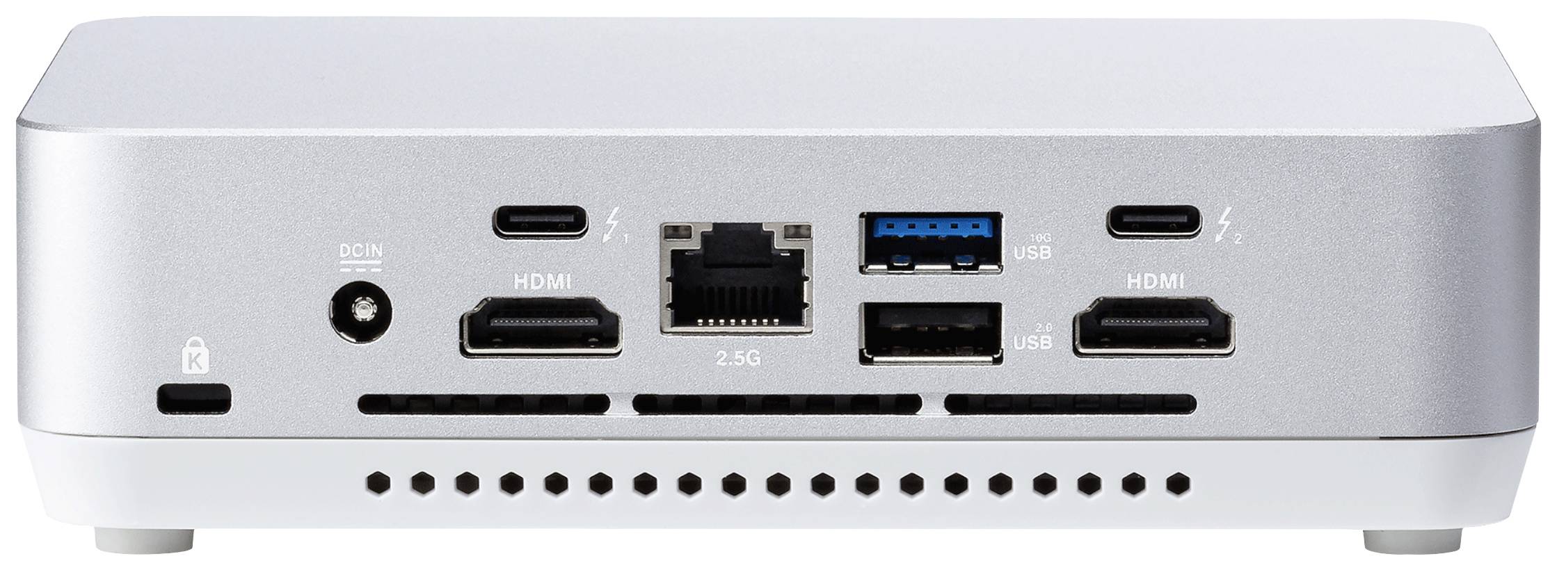 Zadní strana stříbrného zařízení s několika porty: HDMI, Ethernet, USB-A, USB-C a napájecí konektor. Vhodné pro připojení k displeji a síti.