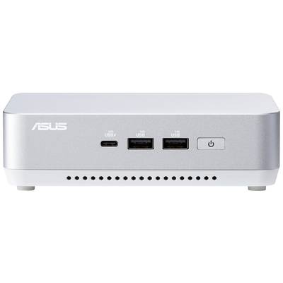 Stříbrný mini počítač ASUS se dvěma USB-A porty a jedním USB-C portem a vypínačem na přední straně.