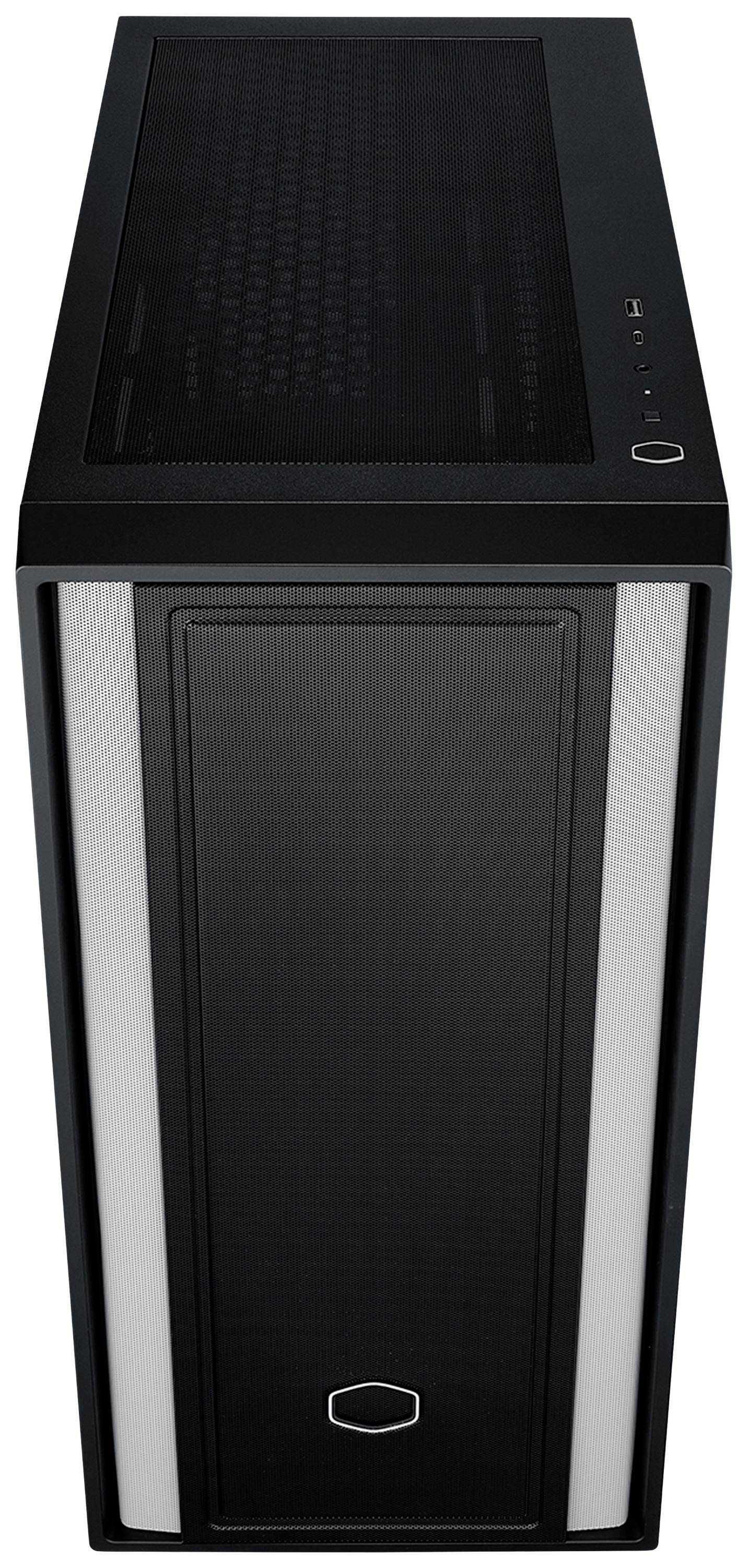 Černá počítačová skříň od Cooler Master s bočním průhledným okénkem, minimalistickým designem a větracími otvory nahoře.
