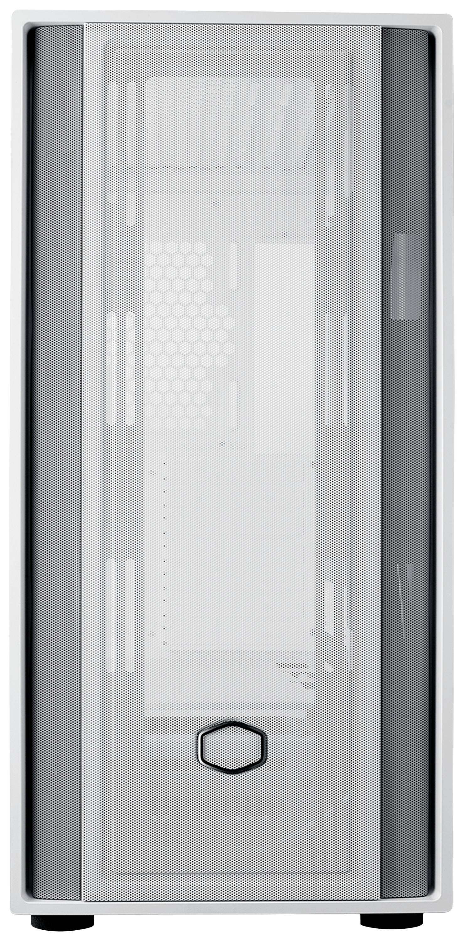 Bílý počítačový kryt s průhledným předním panelem vykazuje minimalistický design. Stojí na černém podkladu.