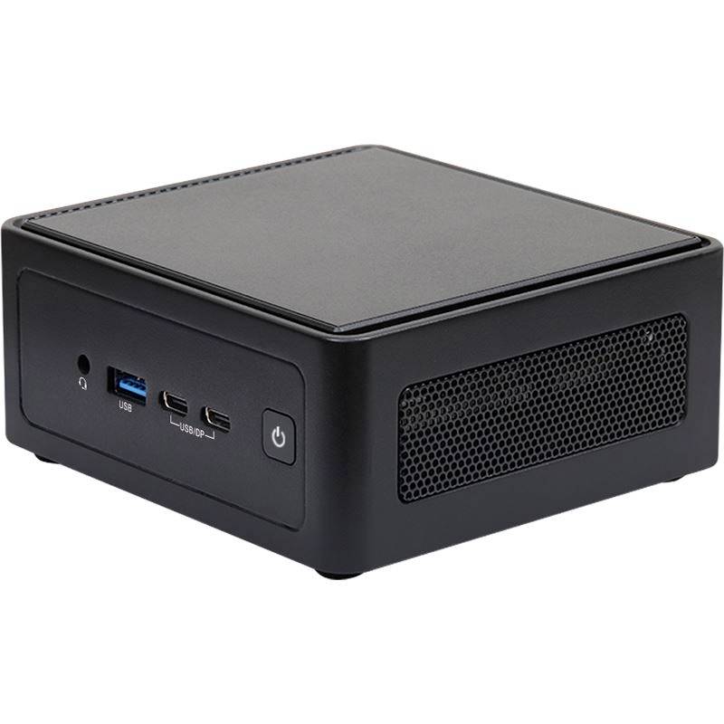 Černý mini počítač s USB a HDMI konektory na přední straně a síťovým vypínačem. Kompaktní a vhodný pro použití v malých prostorech.