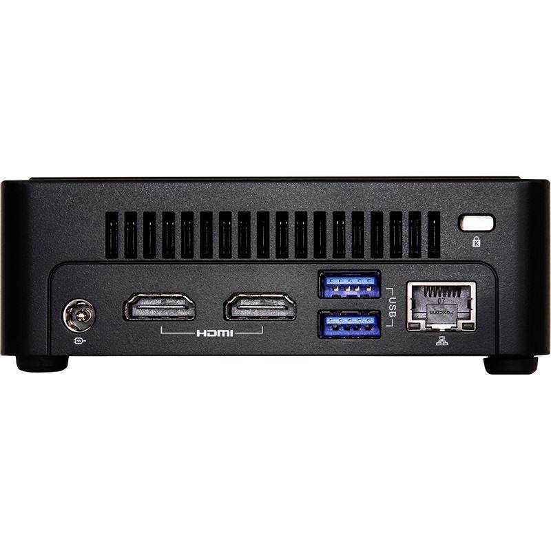 Černý mini počítač pohledem zepředu s HDMI porty, USB 3.0 porty a ethernetovým připojením. Větrací štěrbiny nahoře.