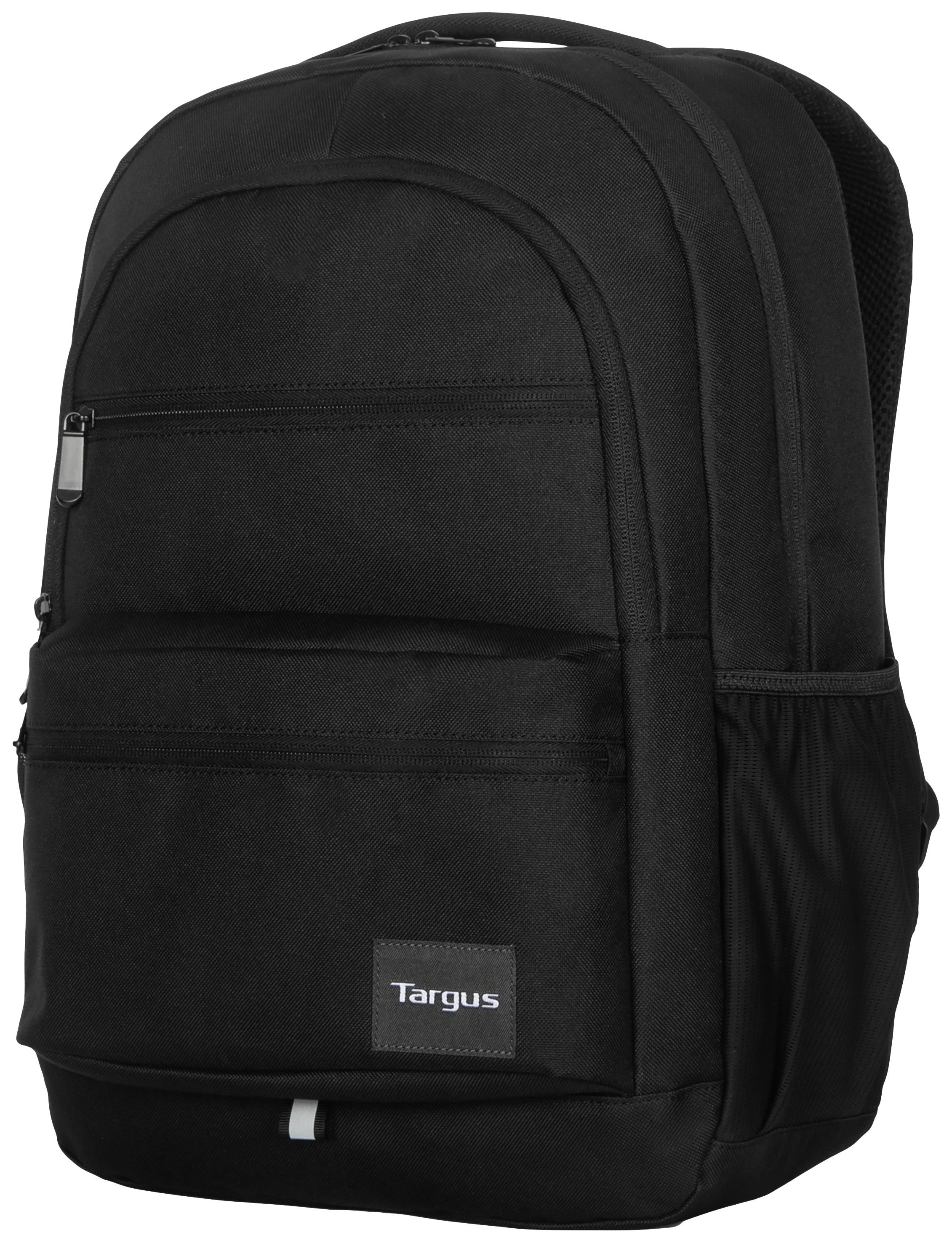 Černý batoh s několika kapsami. Název značky 'Targus' na předním štítku.