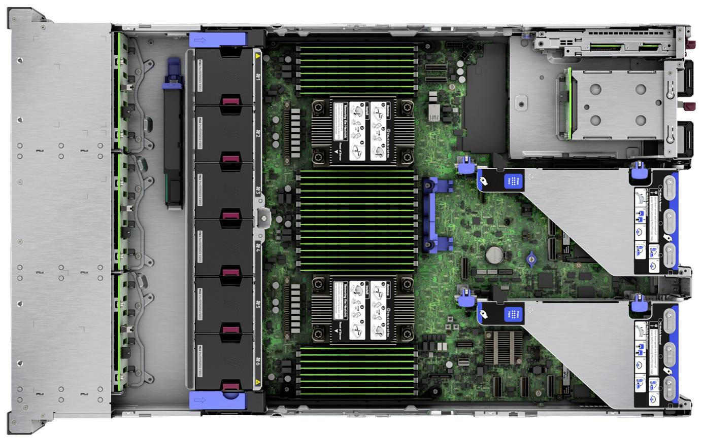 Vnitřní pohled na server s několika paměťovými moduly a dvěma ventilátory. Základní deska zobrazuje obvody a konektory. Konfigurace je zřetelná.