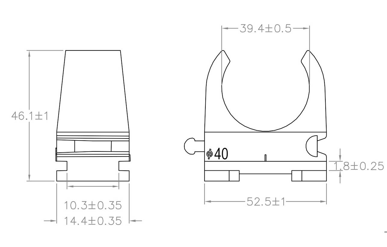 Technický výkres držáku. Rozměry: 46,1 x 10,3 x 39,4 mm. Průměr 40 mm. Boční a čelní pohled s tolerancemi.