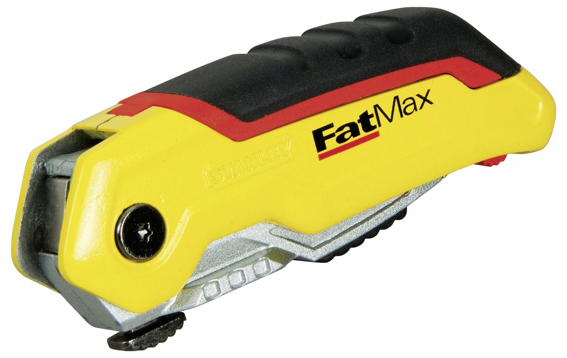 Žluté Stanley FatMax skládací nůž s červeným a černým držadlem, černě popisovaný.