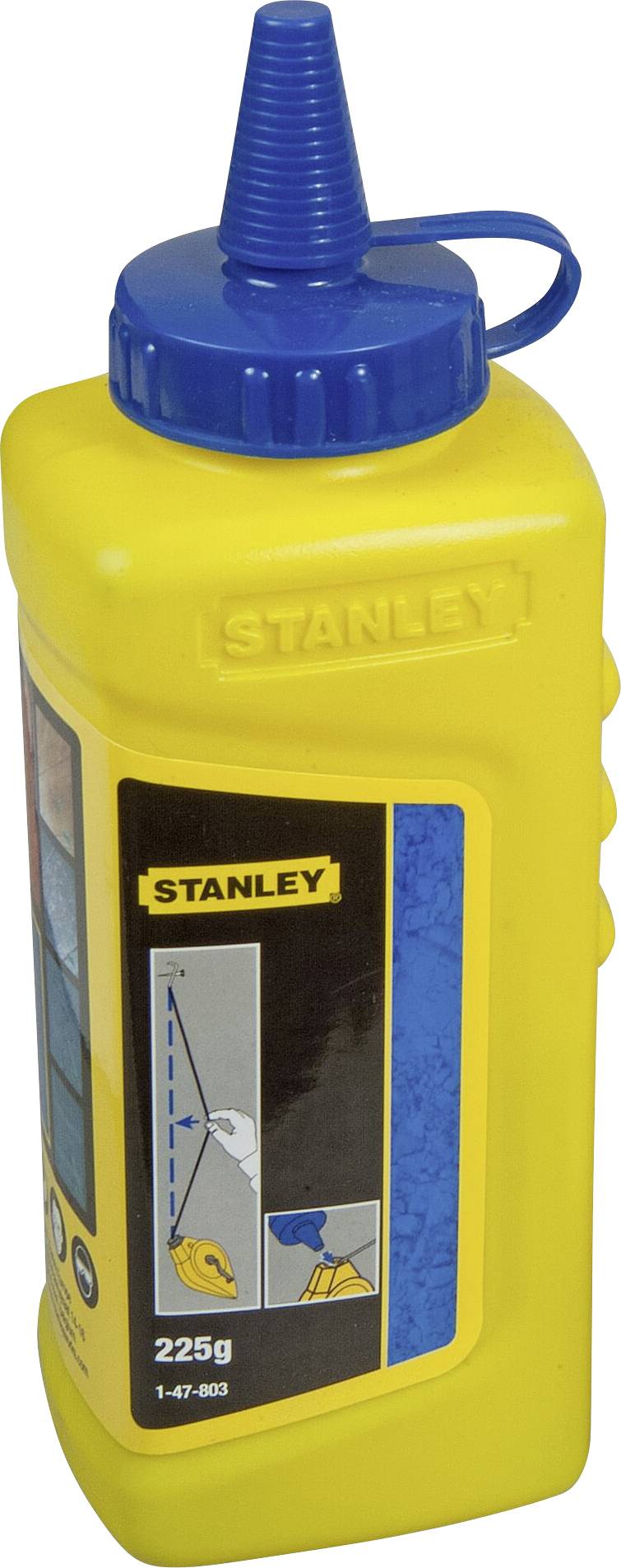 Žlutá láhev s modým víčkem, naplněná 225g značkovací křídou. Na etiketě je napsáno 'Stanley'.