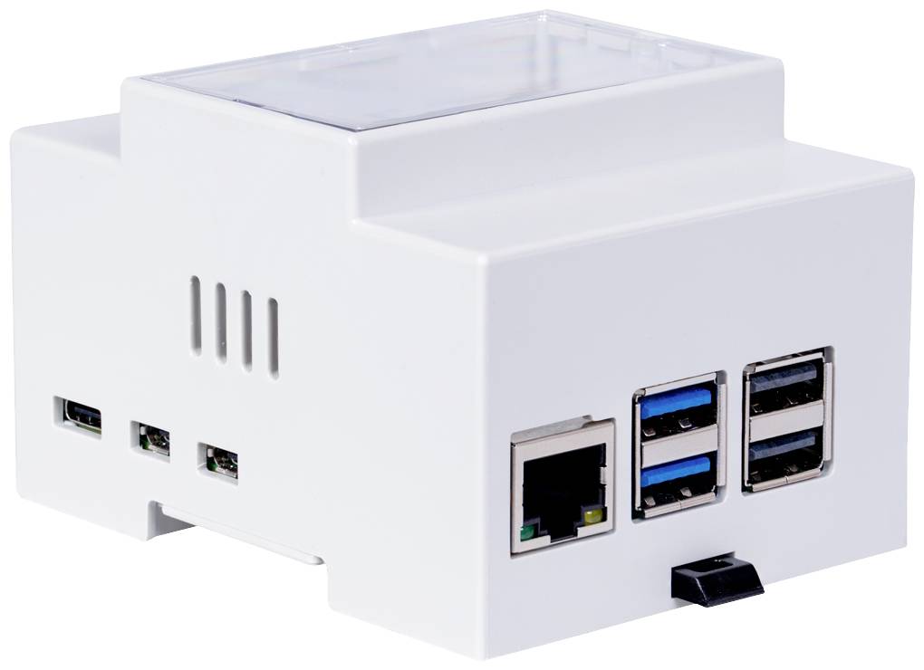 Bílý plastový box s USB porty a ethernetovým připojením; slouží jako pouzdro pro elektronická zařízení nebo Raspberry Pi.