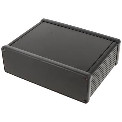 Černý kovový kryt s fazetovanými hranami, vhodný pro elektronická zařízení, zobrazený na bílém pozadí.
