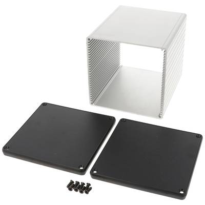 Hliníkový kryt se dvěma černými krycími deskami a šrouby, vhodný pro elektronická zařízení.