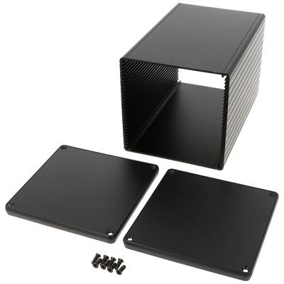 Černý hliníkový kryt s otevřeným zadním panelem, dvěma odnímacelnými deskami a šrouby na bílém pozadí. Ideální pro elektronické projekty.