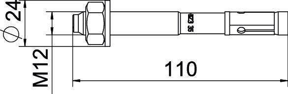 Technický výkres kotevního šroubu: Délka 110 mm. Průměr: M12. Velikost hlavy: 24 mm. Používán pro upevnění.