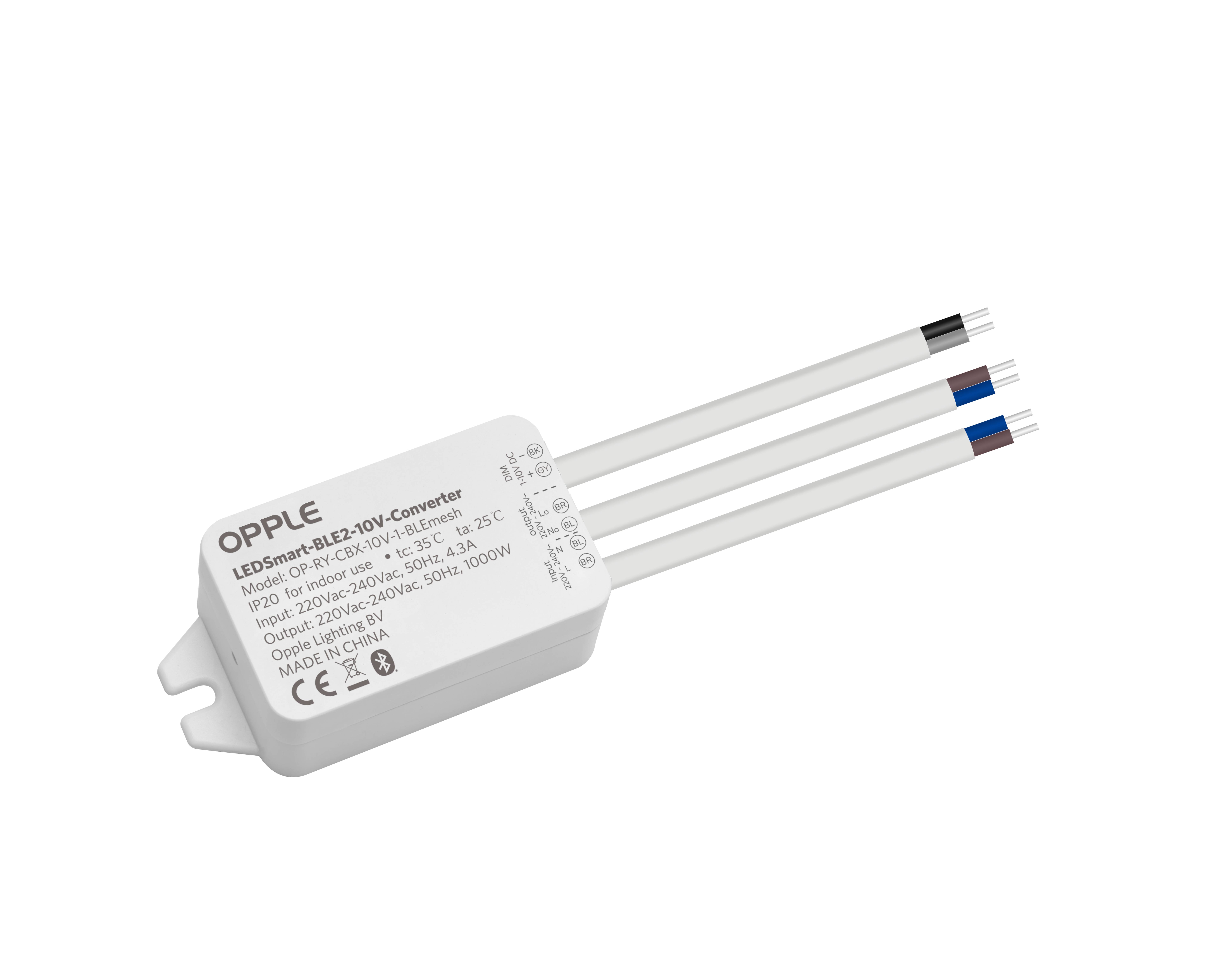 Malý, obdélníkový LED konvertor s nápisem 'OPPLE LEDSmart+. Model: H/OZ1A'. Ze zařízení vyčnívají čtyři kabely.
