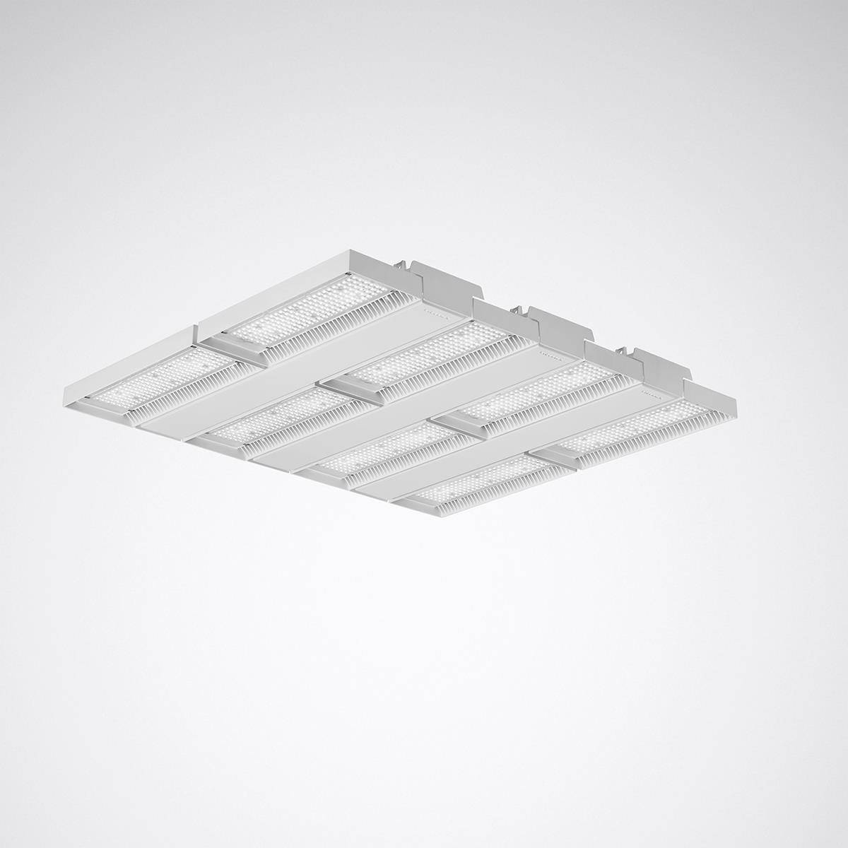 Obdélníkový, moderní LED stropní panel v bílé barvě se šesti světelnými pruhy, vhodný do kanceláří nebo obytných prostor.