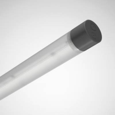 Jedna LED žárovka válcovitého tvaru se stříbrným tělem a černým zakončením, zavěšená na neutrálním pozadí.