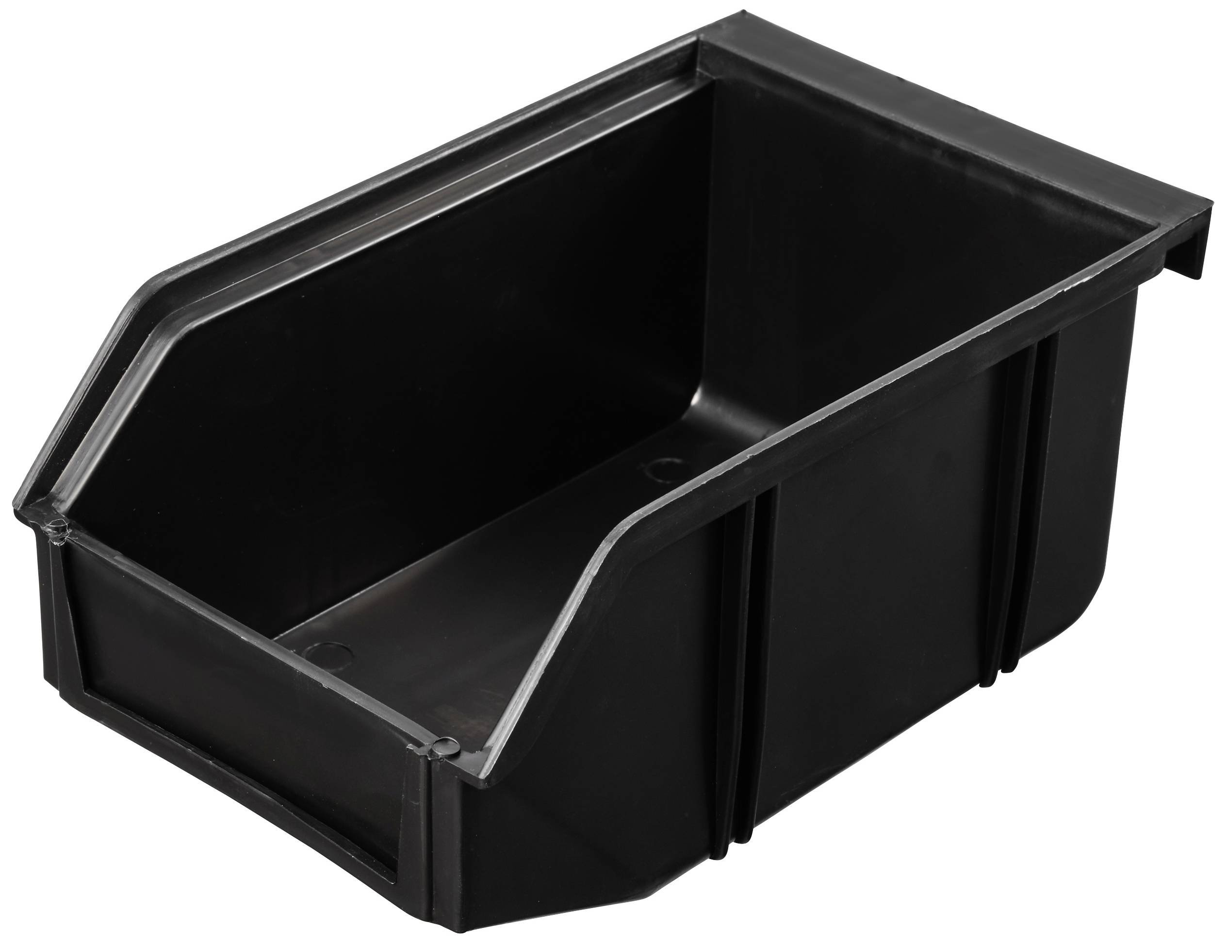 Černý plastový úložný box s otevřenými stranami pro snadný přístup, vhodný do dílenských nebo skladových regálů.