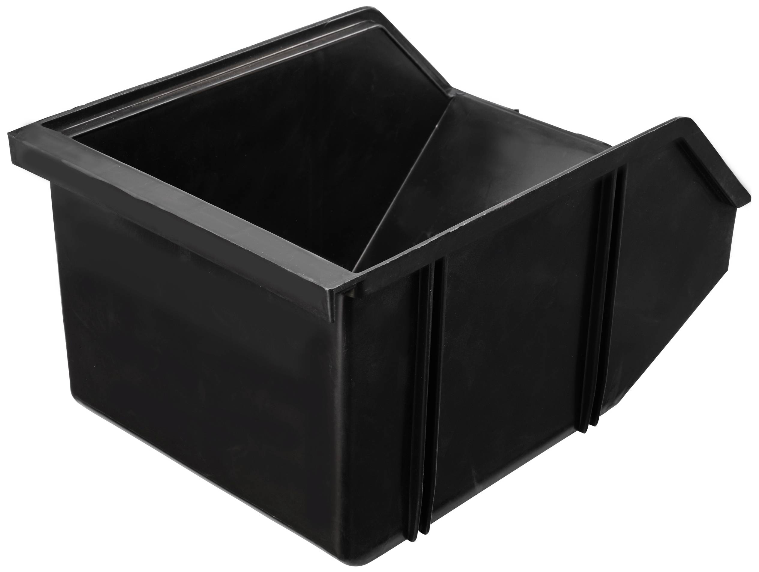 Černý plastový box s seříznutým okrajem, vhodný pro ukládání nebo organizaci menších předmětů v domácnosti.