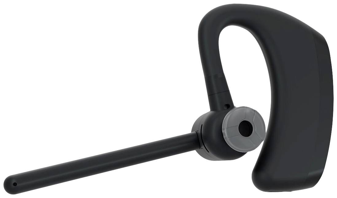 Černá bluetooth souprava hands-free se sluchátkem s obloukem a mikrofonem, vhodná pro bezdrátovou komunikaci bez použití rukou.