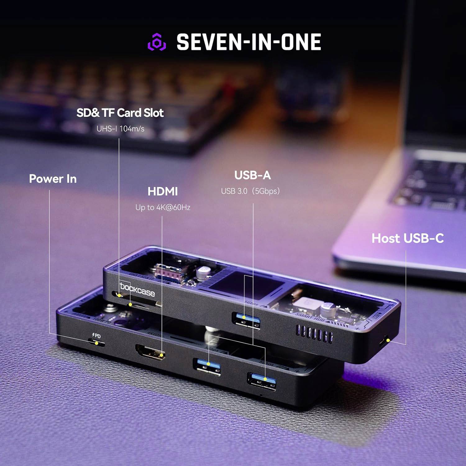 USB-C hub nabízí sedm portů: čtečku SD/TF karet, HDMI (až 4K@60Hz), USB-A (USB 3.0, 5Gbps) a hostitelský USB-C port. Ideální pro rozšíření možností laptopu.