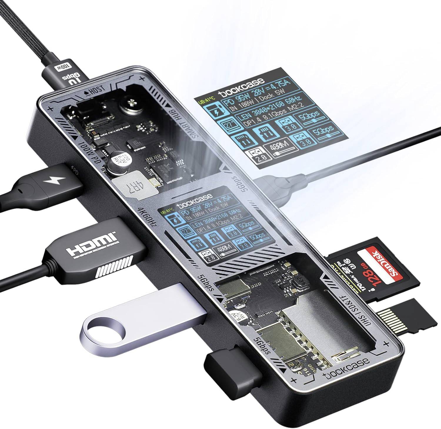 USB hub s několika porty: HDMI, USB, čtečka SD karet. Hlavní deska viditelná, důraz na technické detaily.