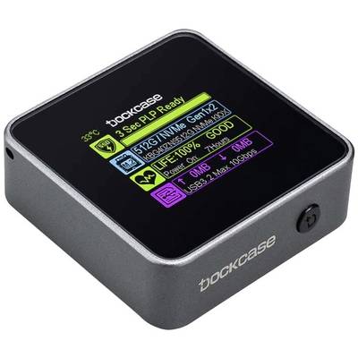 Malé, čtvercové zařízení s displejem, které zobrazuje technické informace, jako je teplota, stav pevného disku a rychlost USB.