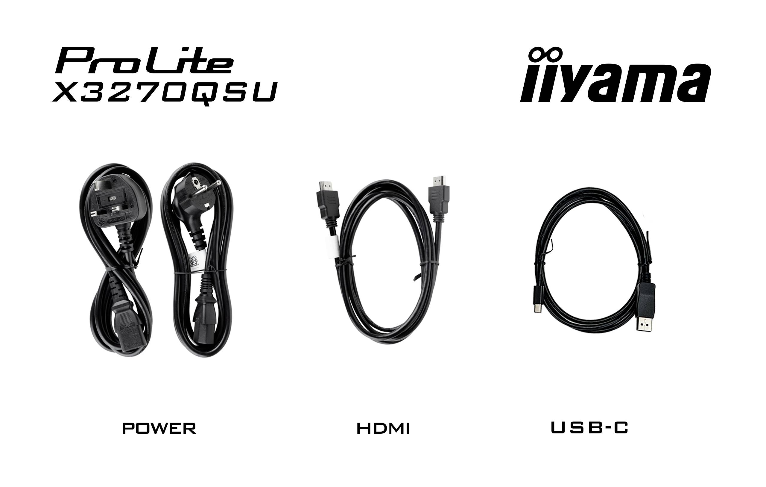 Na obrázku jsou zobrazeny tři kabely: napájecí kabel, HDMI kabel a USB-C kabel, nad označením 'iiyama'.