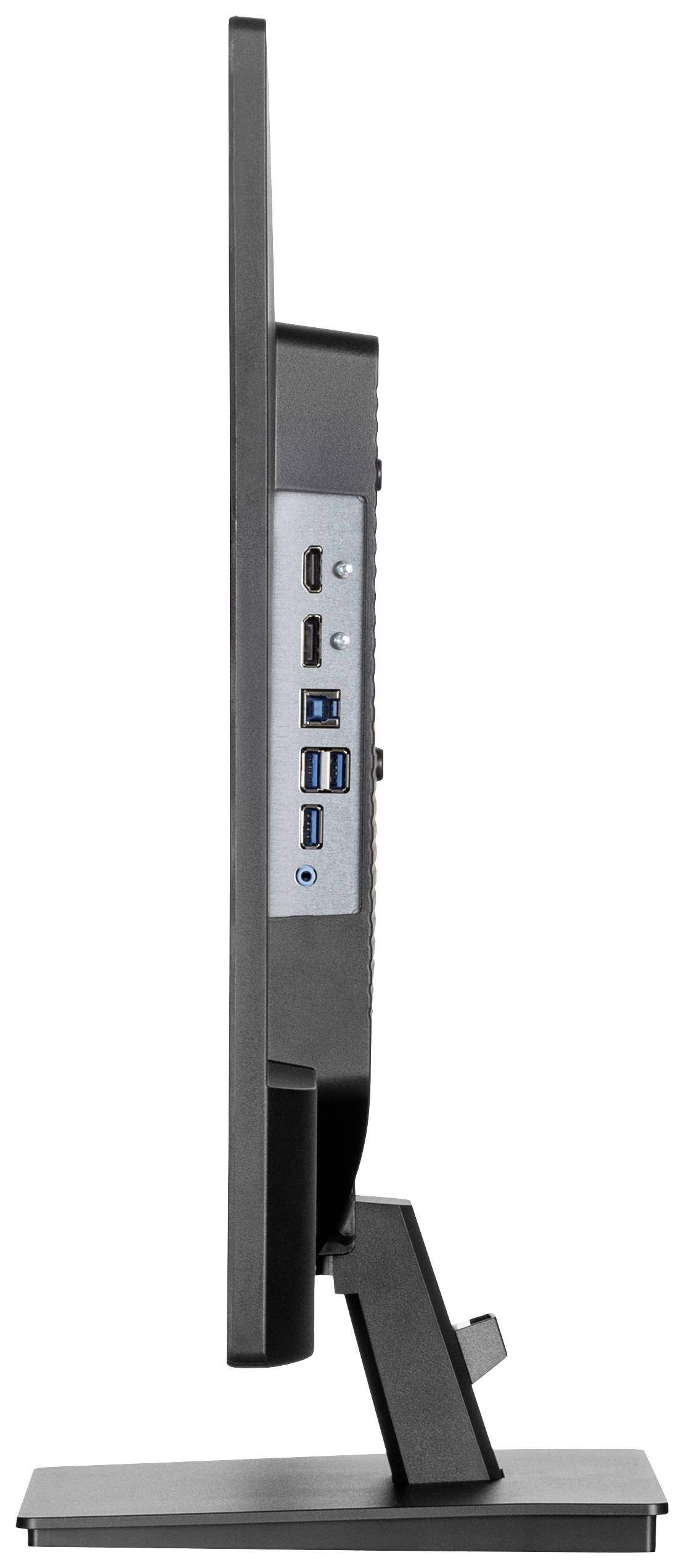 Boční pohled na obrazovku počítače s několika porty, včetně HDMI a USB portů, umístěné na stojanu.