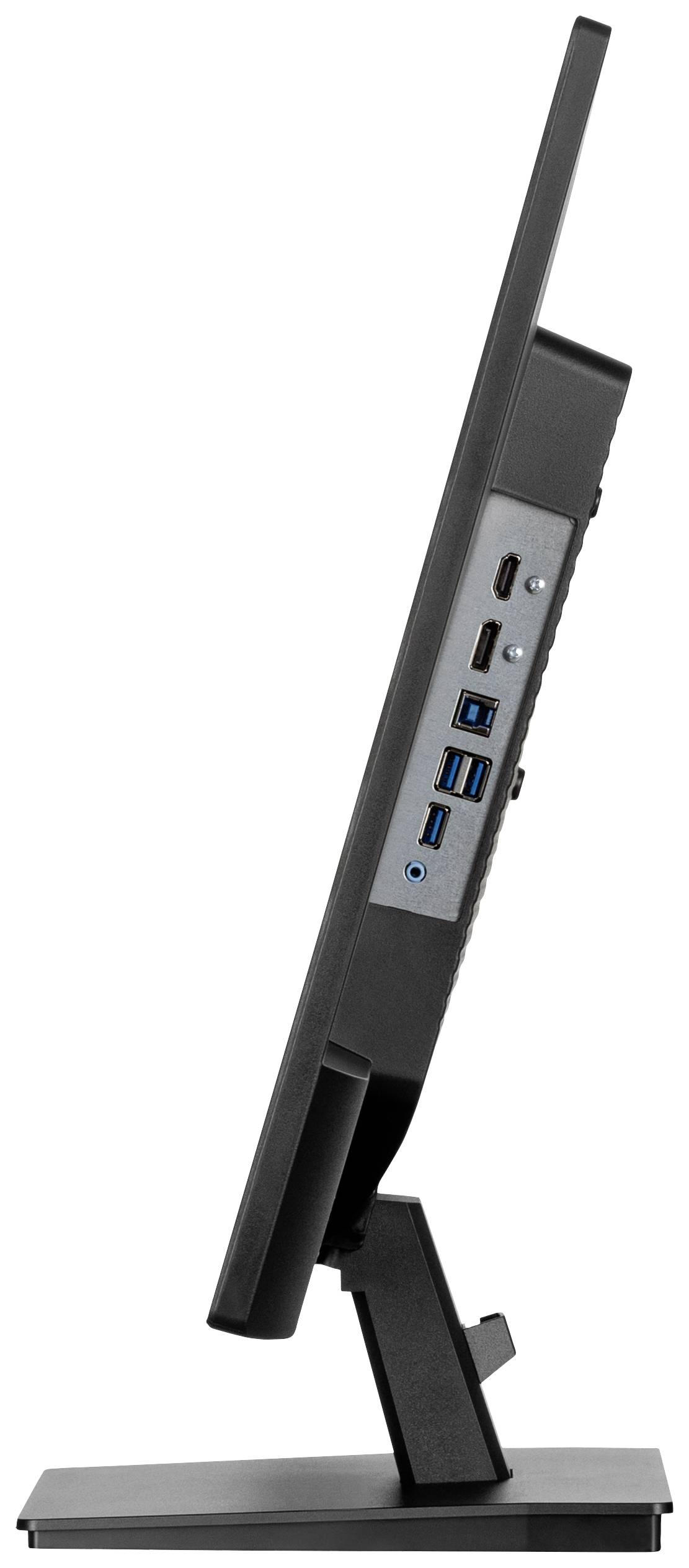 Úzký počítačový monitor z bočního pohledu s několika USB porty a dalšími konektory na zadní straně.