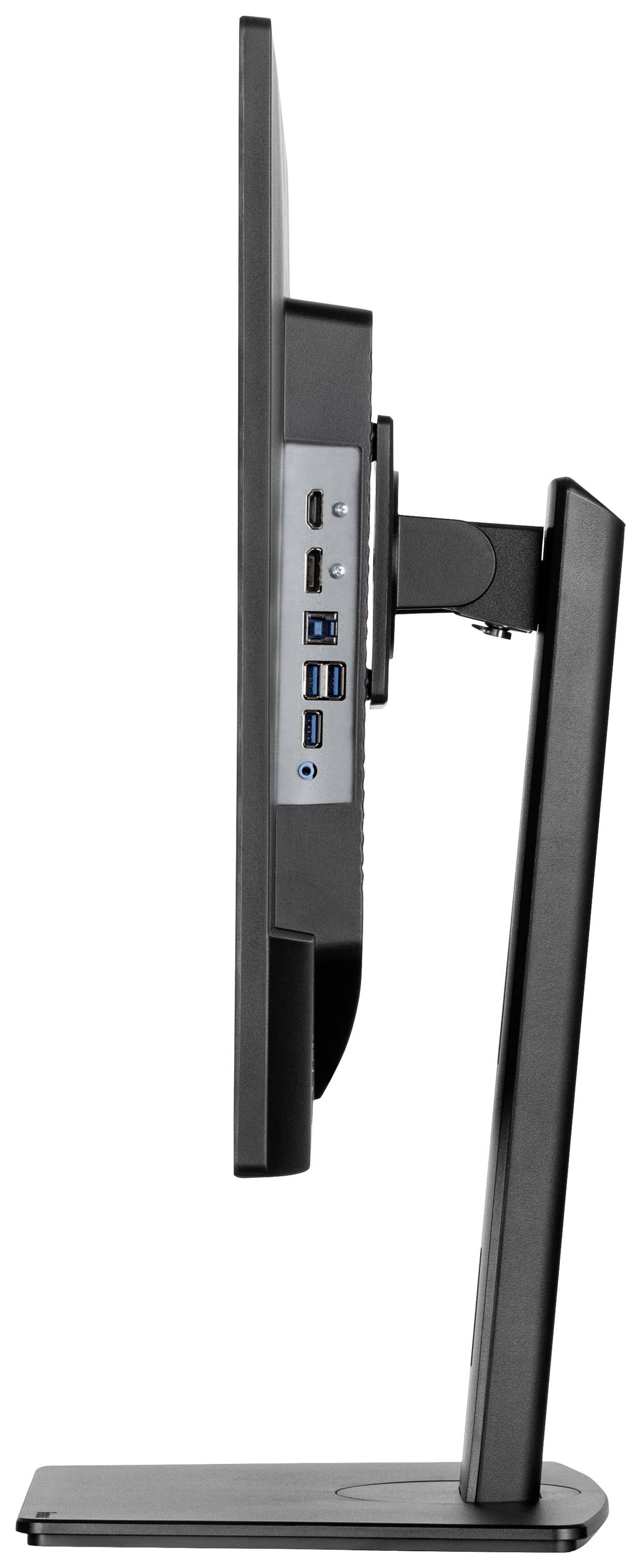 Boční pohled na černý monitor na stojanu. Jsou viditelné připojovací porty, včetně HDMI, USB a síťového připojení.