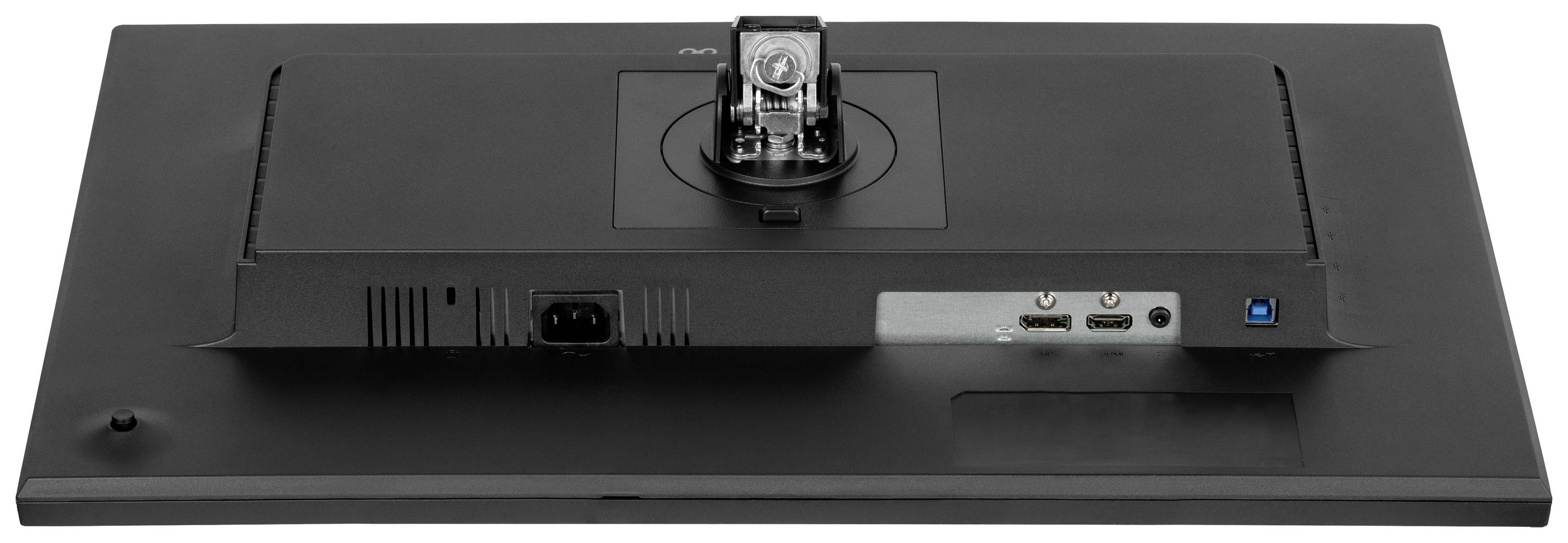 Pohled zezadu na monitor počítače s konektory a montážním mechanismem. Jsou viditelné dva HDMI konektory a konektor napájení.