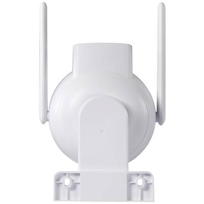 Bílý WiFi repeater se dvěma anténami. Pohled zepředu na zařízení, které slouží k zesílení signálu bezdrátové sítě.
