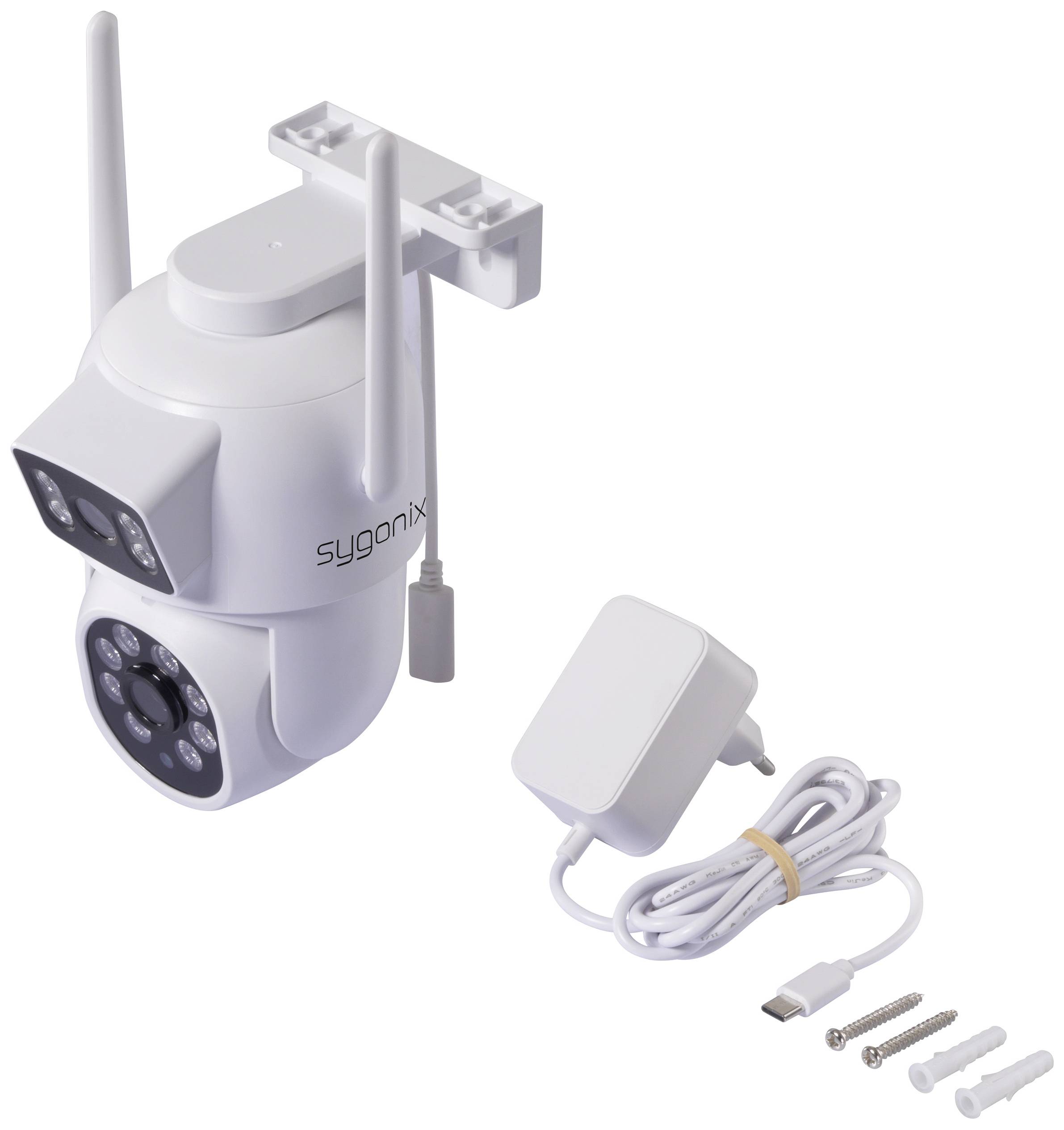 Bezpečnostní kamera se dvěma anténami, napájecím adaptérem, USB kabelem a montážním materiálem na bílém pozadí.