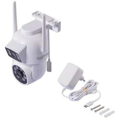 Bezpečnostní kamera se dvěma anténami, napájecím adaptérem, USB kabelem a montážním materiálem na bílém pozadí.