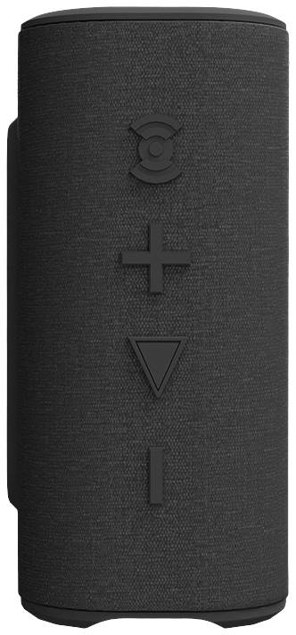 Válcový černý bluetooth reproduktor s tlačítky pro ovládání hlasitosti a přehrávání.
