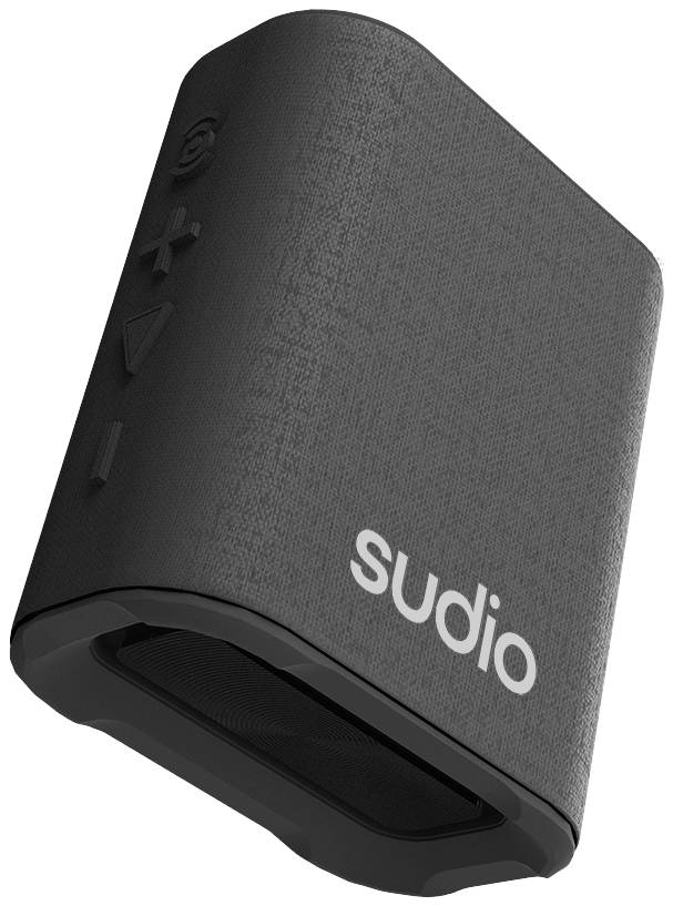 Černý přenosný reproduktor značky Sudio s ovládacími tlačítky po straně.