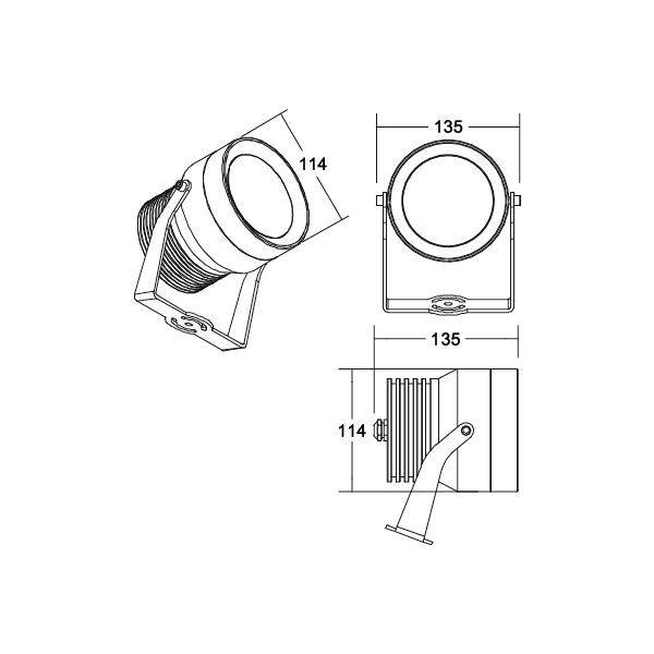 Diagram světlometu s bočním, předním a horním pohledem. Rozměry jsou 114 mm a 135 mm.