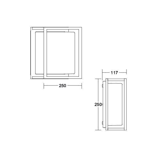 Technický výkres čtvercového objektu o rozměrech 250 x 250 mm a hloubce 117 mm.