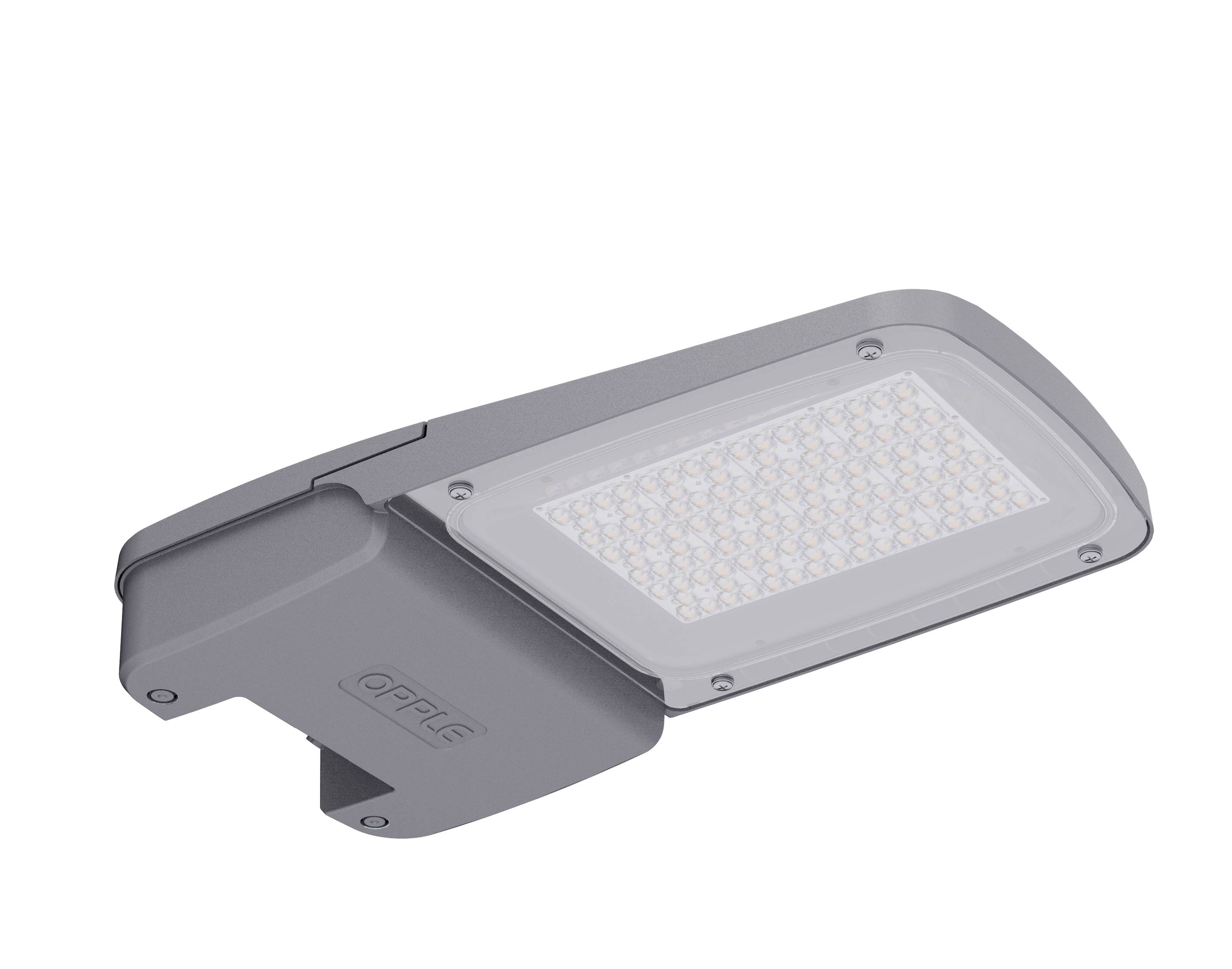 Šedá LED pouliční lampa s obdélníkovým tělesem; moderní design, energeticky úsporná.