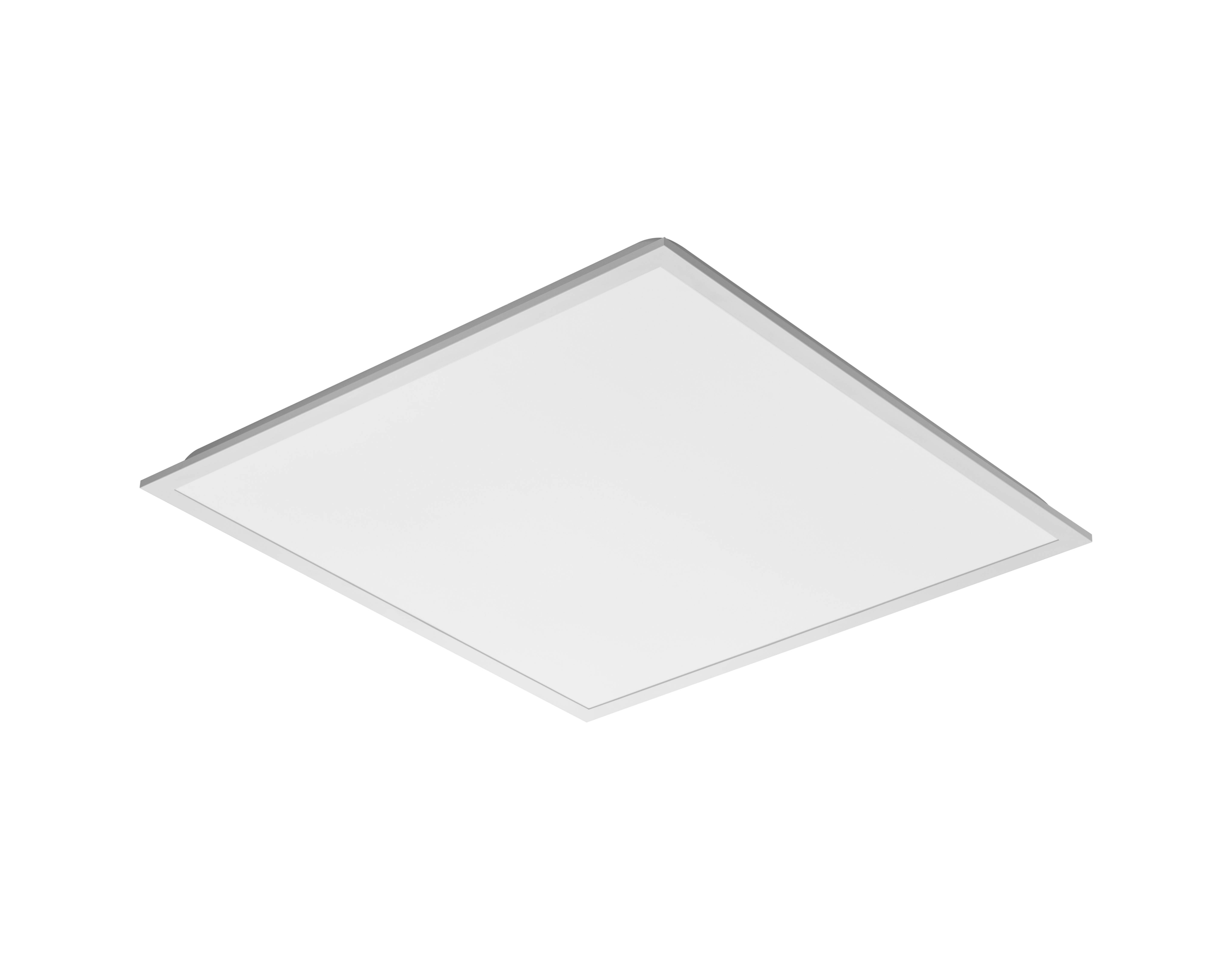 Čtvercový bílý LED panel před černým pozadím.