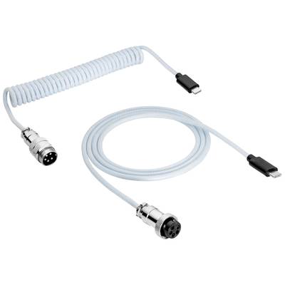 Modrý spirálovitý kabel se stříbrnou zástrčkou a konektory USB-C, vhodný pro technické připojení.