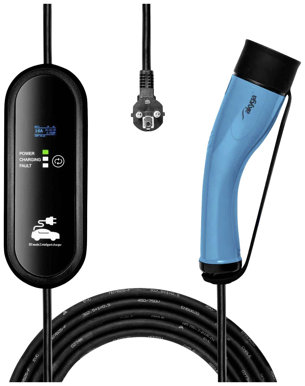 Elektrický nabíjecí kabel s modrou nabíjecí koncovkou, vhodný pro elektromobily. Zobrazuje stav nabíjení a výkonový indikátor na displeji.