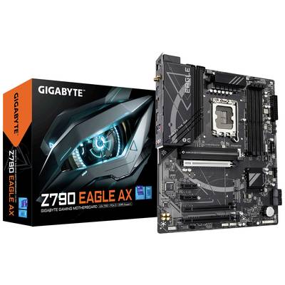Základní deska Gigabyte Z790 Eagle AX zobrazená vedle svého obalu. Krabice ukazuje futuristický design.