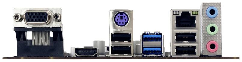 Zadní pohled na připojovací panel základní desky počítače s různými konektory: VGA, HDMI, PS/2, USB, Ethernet a audio.