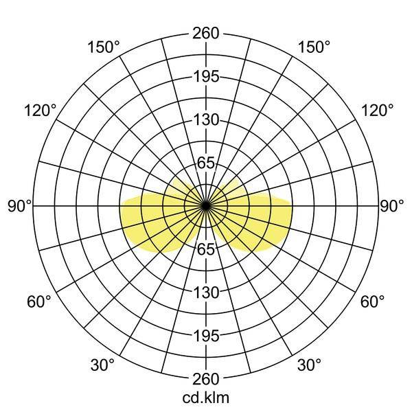 Polární diagram s kruhovým mřížkovým rastrem; žlutá oblast zobrazuje rozložení světelné intenzity ve stupních a kandelách na lumen.