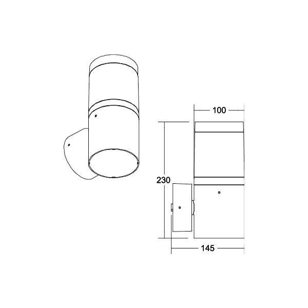 Technický výkres válcové nástěnné lampy s rozměry: výška 230 mm, celková hloubka 145 mm, průměr 100 mm.