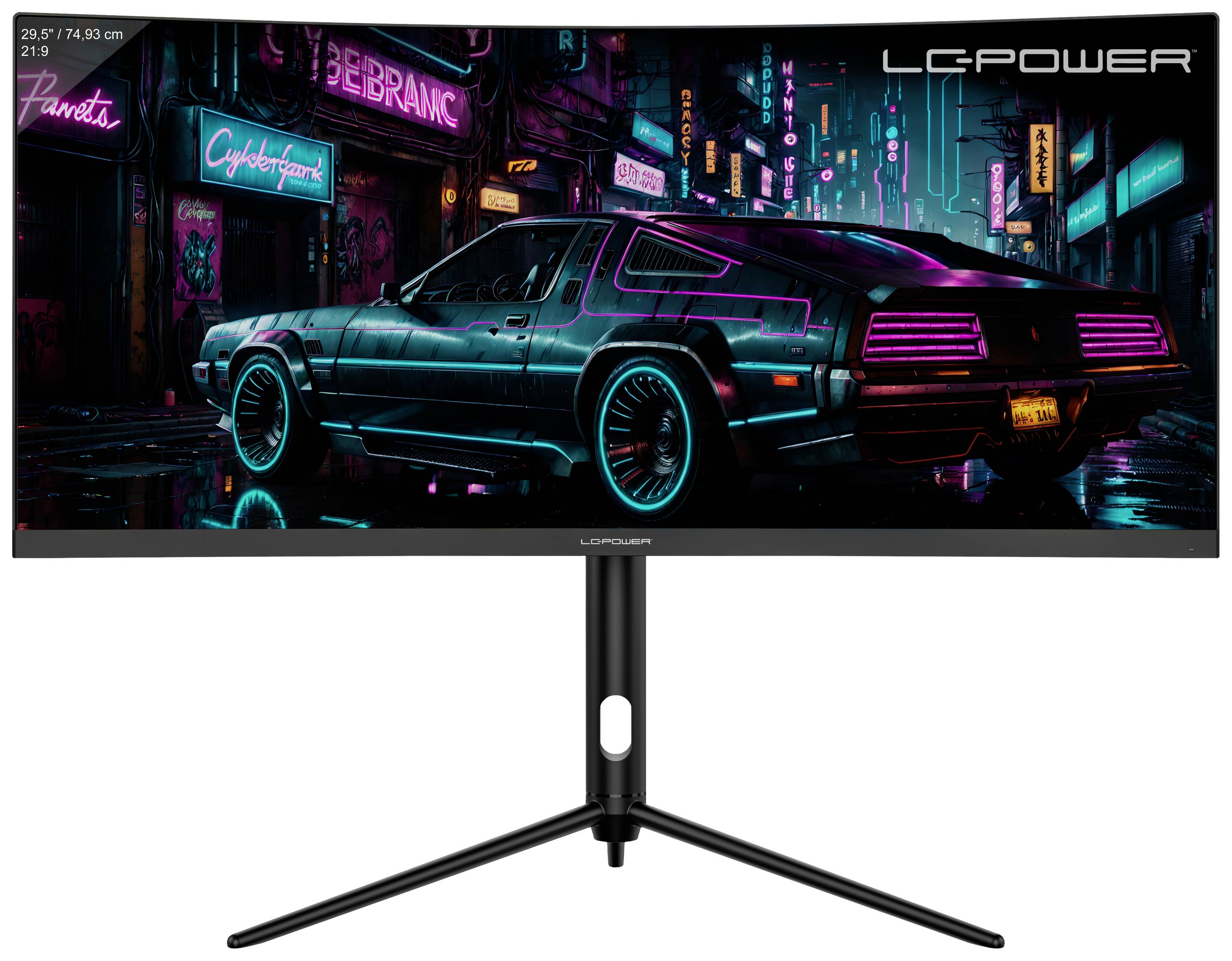 Futuristický vůz stojí ve scéně osvětlené neonovým světlem. Obklopený pestrobarevnými reklamními tabulemi zobrazuje atmosféru cyberpunku.