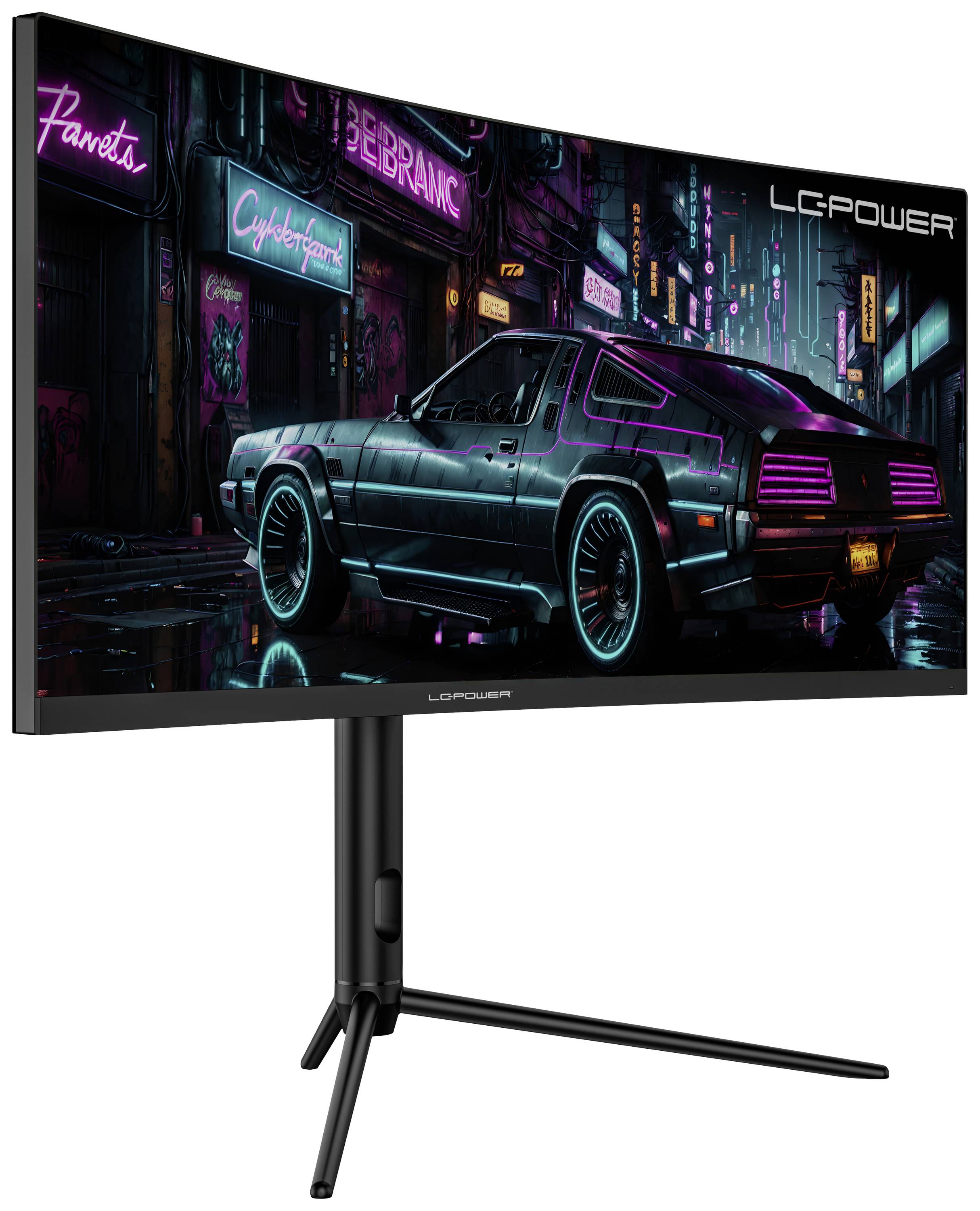Zakřivený monitor od LC-Power zobrazuje futuristickou městskou scénu s autem v noci, osvětlenou neónovými světly.