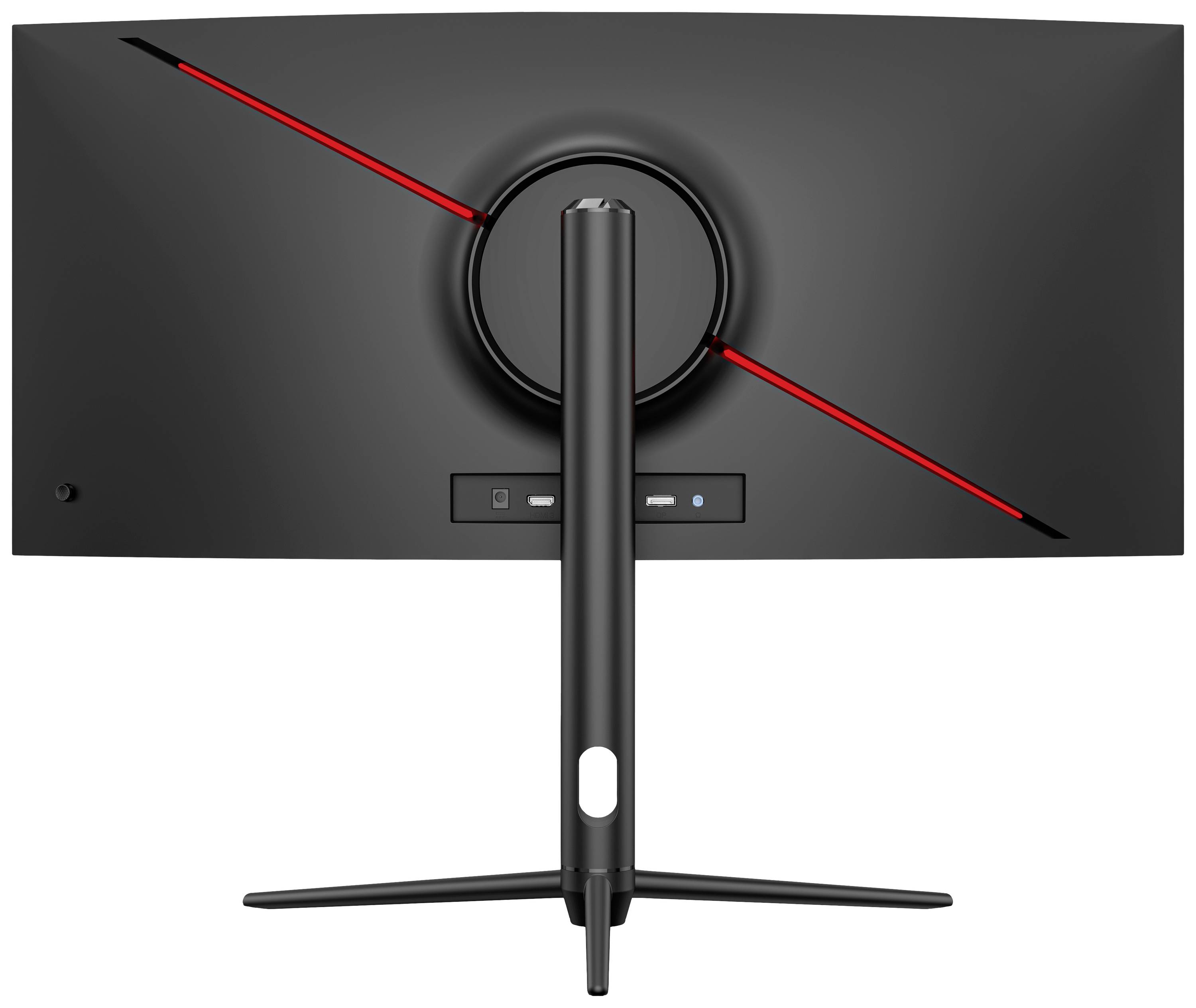 Zadní pohled na zakřivený počítačový monitor s červeným akcentem a stojanem. Viditelné porty DisplayPort a HDMI.