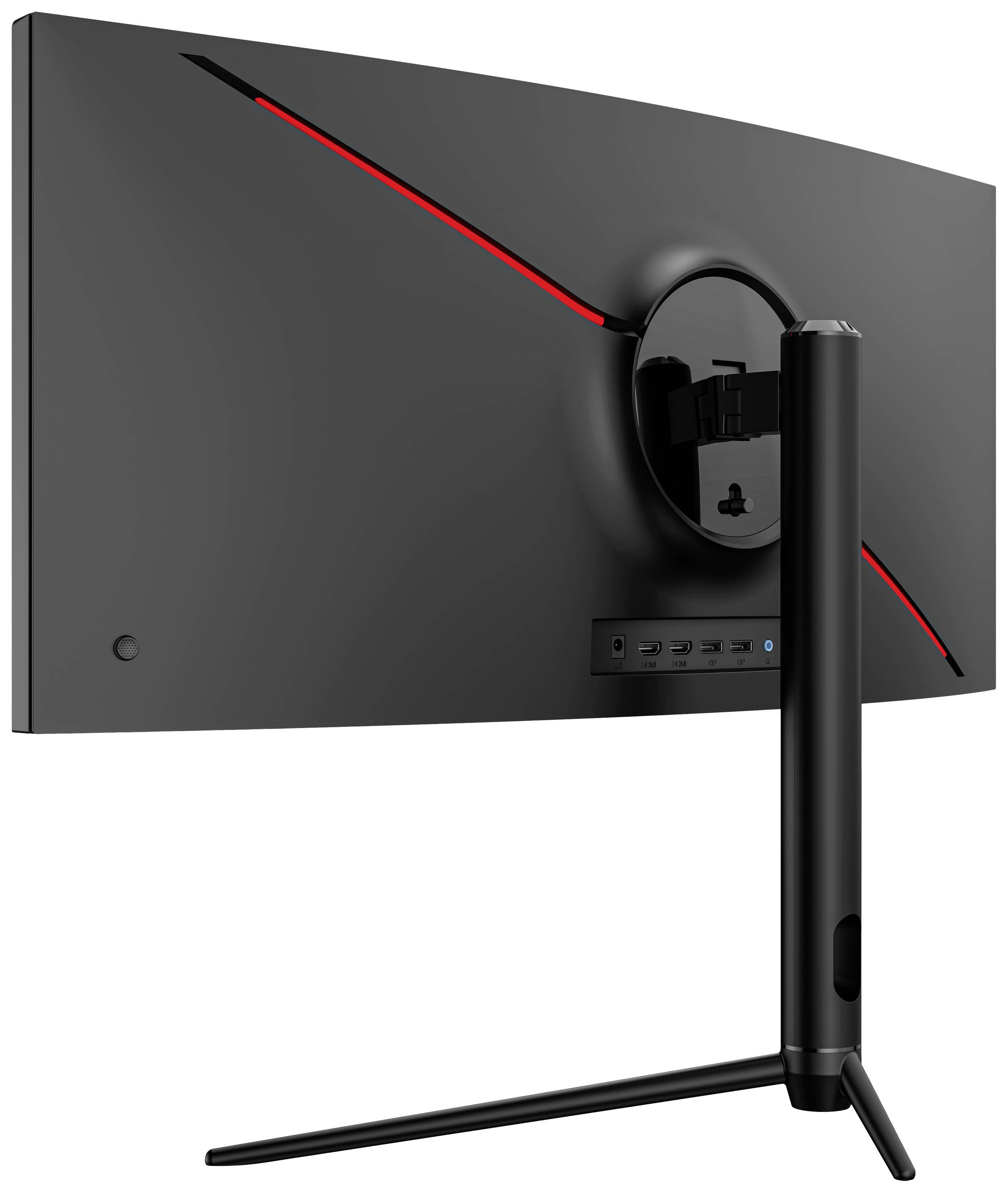 Zakřivený monitor zezadu, černý design s červenými akcenty, zobrazuje porty ve spodním středu a má jednoduchý černý stojan.